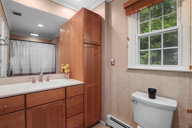 16 Shipley Dr, Cortlandt Manor, NY 10567 - full bathroom featuring crown molding, vanity, tile walls, a shower with shower curtain, and wainscoting
