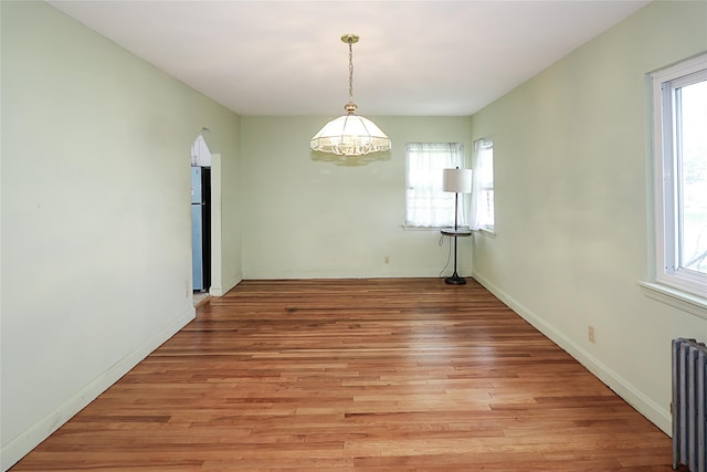 99 Roosevelt Ct, Carle Place, NY 11514 - empty room with radiator heating unit, plenty of natural light, a chandelier, and light wood-style flooring