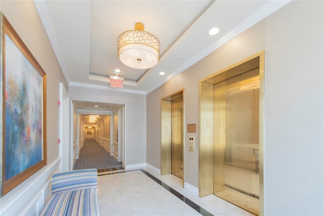 1000 Royal Ct Unit 1306, North Hills, NY 11040 - hallway featuring elevator, recessed lighting, ornamental molding, baseboards, and inlaid floor details