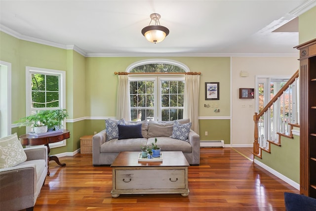 1771 Hanover St, Yorktown Heights, NY 10598 - living area with a baseboard heating unit, plenty of natural light, wood finished floors, and ornamental molding