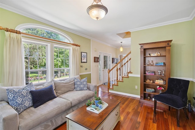 1771 Hanover St, Yorktown Heights, NY 10598 - living area featuring wood finished floors, ornamental molding, and stairs