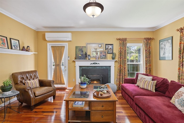 1771 Hanover St, Yorktown Heights, NY 10598 - living room featuring a wall unit AC, dark wood-style floors, ornamental molding, and a warm lit fireplace