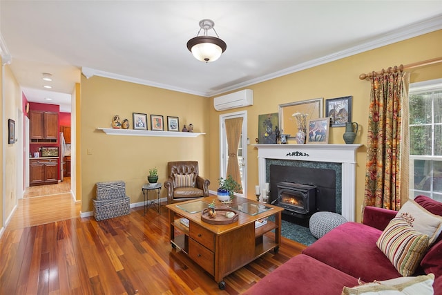 1771 Hanover St, Yorktown Heights, NY 10598 - living room featuring a wall mounted air conditioner, wood finished floors, crown molding, and a wood stove