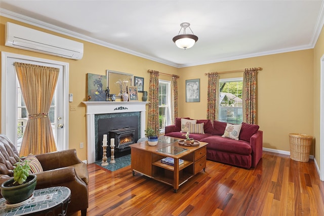 1771 Hanover St, Yorktown Heights, NY 10598 - living room featuring an AC wall unit, wood finished floors, crown molding, and a wood stove