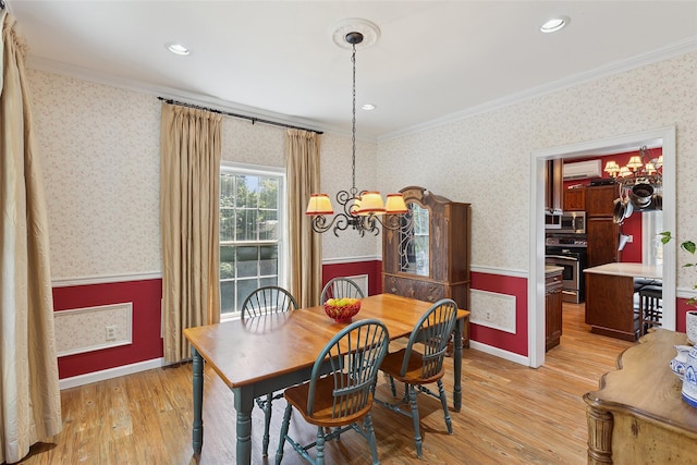 1771 Hanover St, Yorktown Heights, NY 10598 - dining room with a chandelier, wallpapered walls, light wood-type flooring, ornamental molding, and a wall unit AC