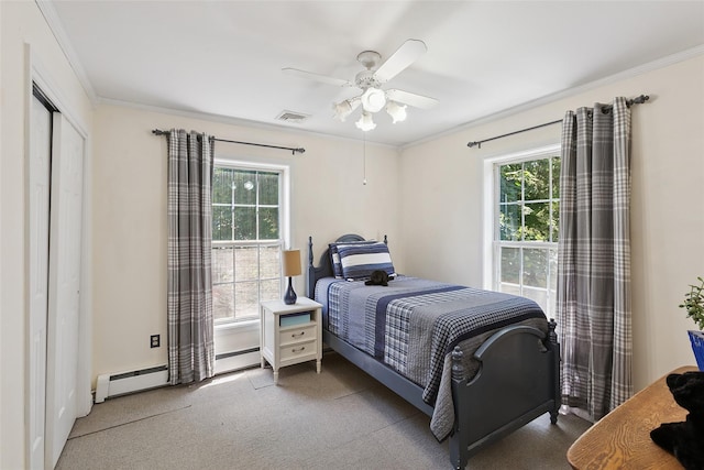 1771 Hanover St, Yorktown Heights, NY 10598 - bedroom featuring multiple windows, crown molding, carpet flooring, and a ceiling fan