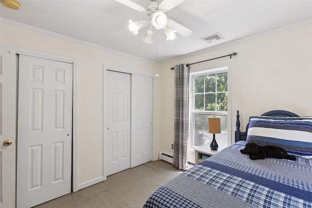 1771 Hanover St, Yorktown Heights, NY 10598 - bedroom with baseboard heating, ornamental molding, a ceiling fan, and light carpet