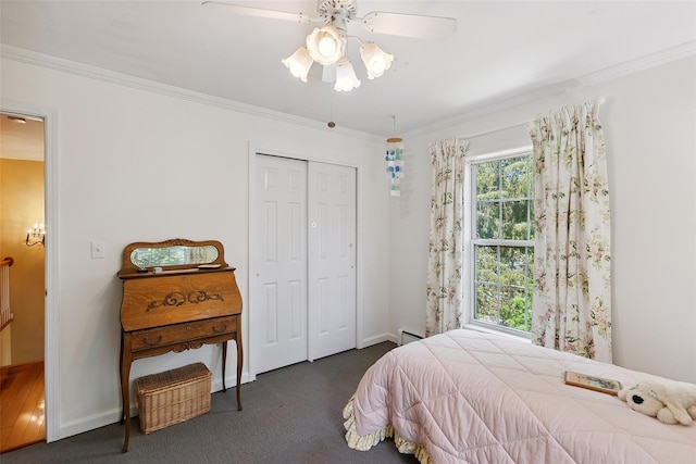 1771 Hanover St, Yorktown Heights, NY 10598 - carpeted bedroom featuring crown molding, baseboard heating, a closet, and a ceiling fan