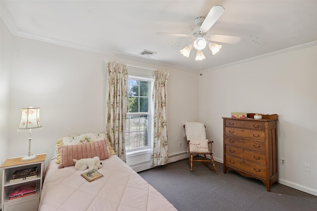 1771 Hanover St, Yorktown Heights, NY 10598 - bedroom with carpet floors, ornamental molding, a ceiling fan, and a baseboard heating unit