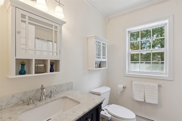 1771 Hanover St, Yorktown Heights, NY 10598 - bathroom with ornamental molding, baseboard heating, healthy amount of natural light, vanity, and a shower with shower curtain