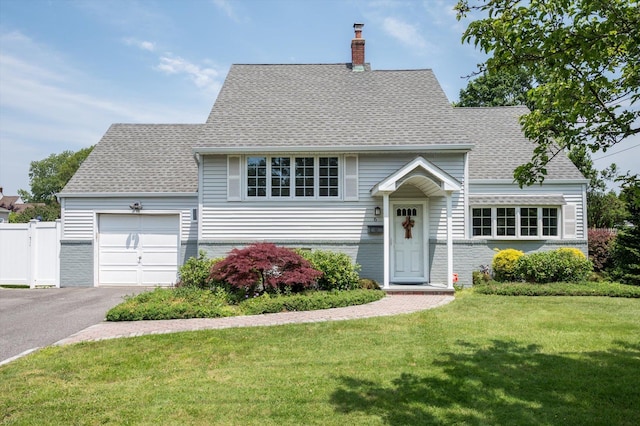 6 Plumtree Ln, South Huntington, NY 11746 - view of front facade featuring brick siding, a chimney, an attached garage, driveway, and a shingled roof