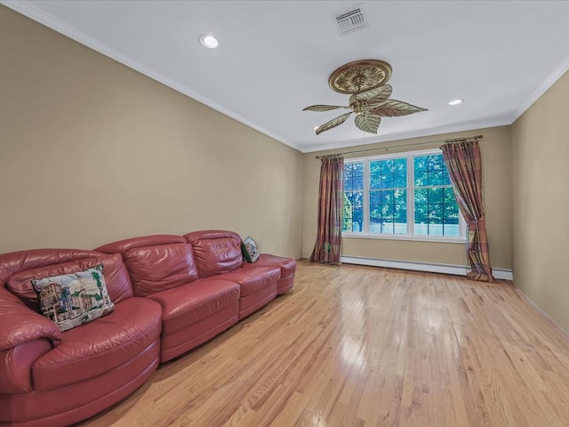 1674 Birch Dr, Merrick, NY 11566 - living area featuring ceiling fan, hardwood / wood-style floors, ornamental molding, baseboards, and recessed lighting
