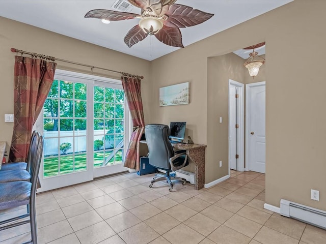 1674 Birch Dr, Merrick, NY 11566 - office space featuring a baseboard radiator, ceiling fan, light tile patterned floors, and baseboards