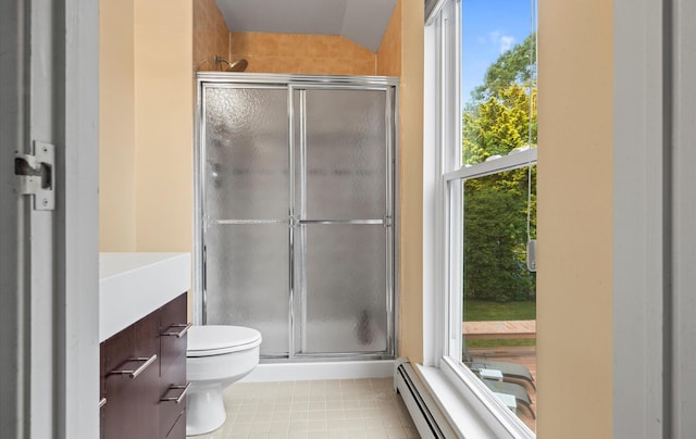 34 Oak Meadow Rd, Commack, NY 11725 - full bath featuring a shower stall, vanity, a baseboard radiator, and tile patterned flooring