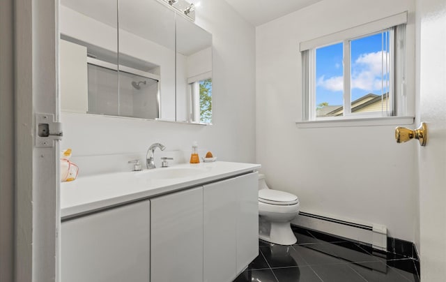 34 Oak Meadow Rd, Commack, NY 11725 - bathroom with a baseboard radiator, an enclosed shower, vanity, and tile patterned flooring