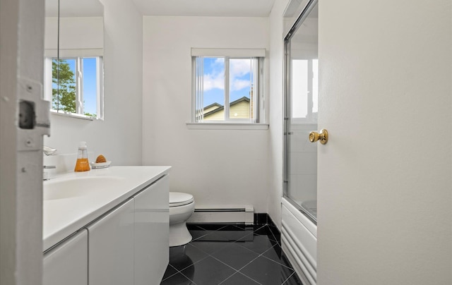 34 Oak Meadow Rd, Commack, NY 11725 - full bath with a baseboard heating unit, vanity, tile patterned flooring, and shower / bath combination with glass door