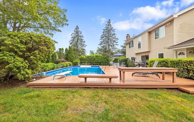 34 Oak Meadow Rd, Commack, NY 11725 - outdoor pool featuring a wooden deck, a lawn, a diving board, and a grill