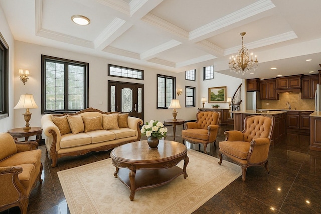 63-39 136th St, Flushing, NY 11367 - living area with beamed ceiling, a chandelier, coffered ceiling, ornamental molding, and granite floors