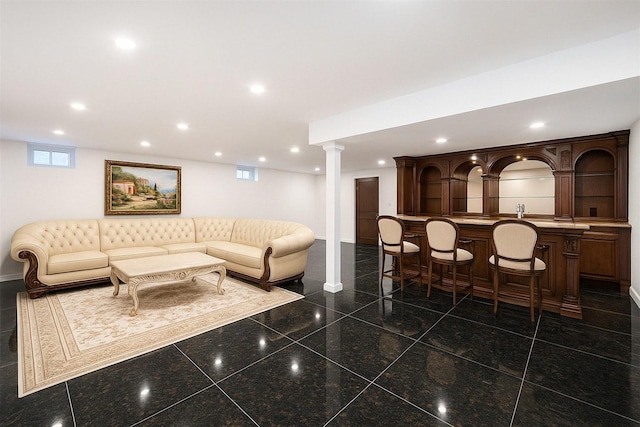 63-39 136th St, Flushing, NY 11367 - living room with wet bar, recessed lighting, and granite floors