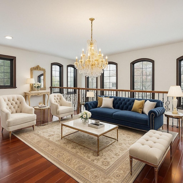 63-39 136th St, Flushing, NY 11367 - living room featuring a chandelier, dark wood finished floors, healthy amount of natural light, and recessed lighting