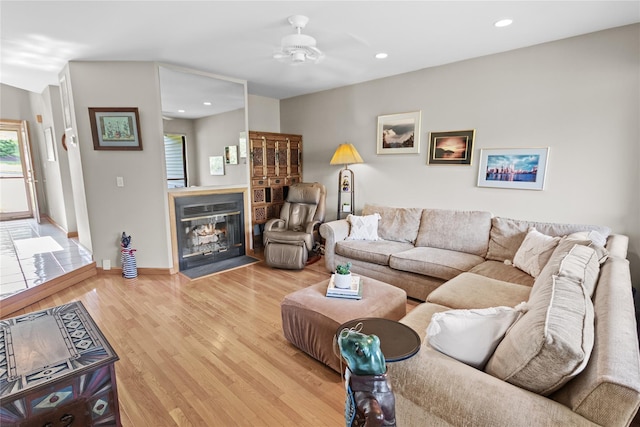 4 Hudson Watch Dr Unit 4, Ossining, NY 10562 - living room featuring light wood-type flooring, a ceiling fan, a fireplace with flush hearth, and recessed lighting