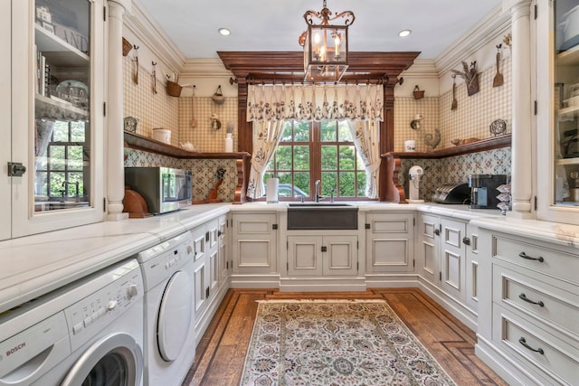7 Fox Meadow Ln, Lloyd Harbor, NY 11743 - kitchen with stainless steel microwave, washing machine and dryer, crown molding, recessed lighting, and wood finished floors