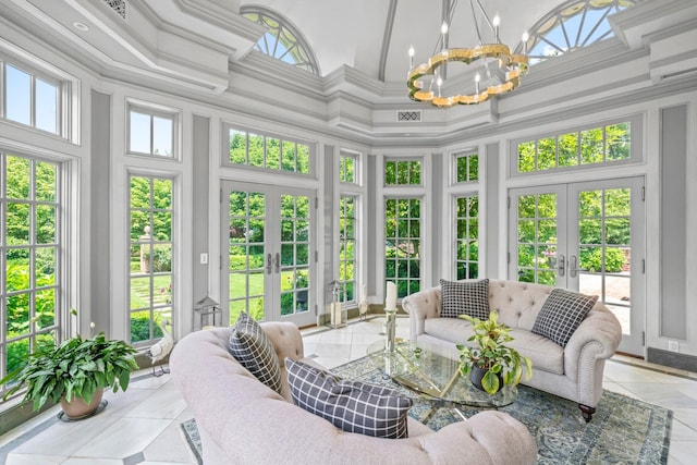 7 Fox Meadow Ln, Lloyd Harbor, NY 11743 - sunroom / solarium with french doors, a high ceiling, a chandelier, and healthy amount of natural light