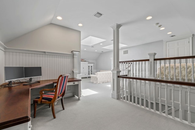 7 Fox Meadow Ln, Lloyd Harbor, NY 11743 - carpeted office space with vaulted ceiling, recessed lighting, wainscoting, ornate columns, and a skylight