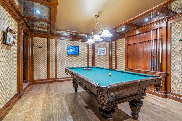 7 Fox Meadow Ln, Lloyd Harbor, NY 11743 - playroom with coffered ceiling, wood finished floors, billiards table, wallpapered walls, and ornamental molding