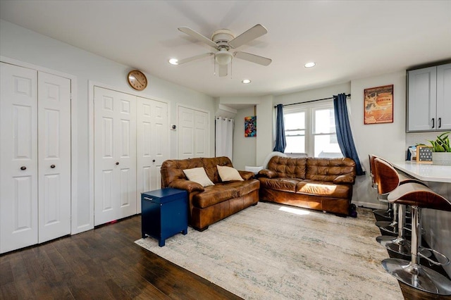 146 First St, Yonkers, NY 10704 - living room with dark wood-type flooring, ceiling fan, and recessed lighting