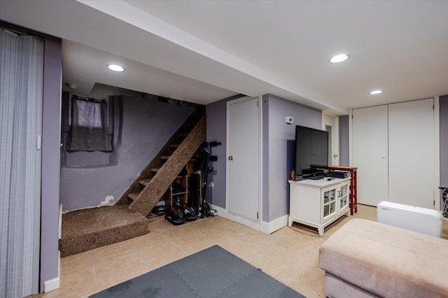 146 First St, Yonkers, NY 10704 - exercise room with recessed lighting, tile patterned flooring, and baseboards