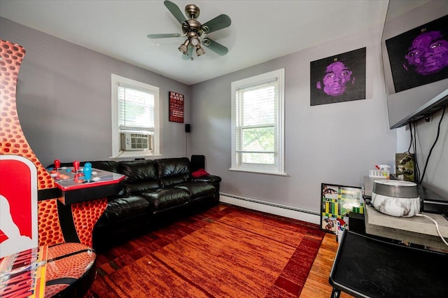 146 First St, Yonkers, NY 10704 - living area with a baseboard radiator, plenty of natural light, cooling unit, and a ceiling fan
