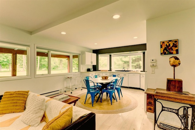 5 Arrowhead Ln, Narrowsburg, NY 12764 - dining room with healthy amount of natural light, a baseboard radiator, light wood-style floors, and recessed lighting