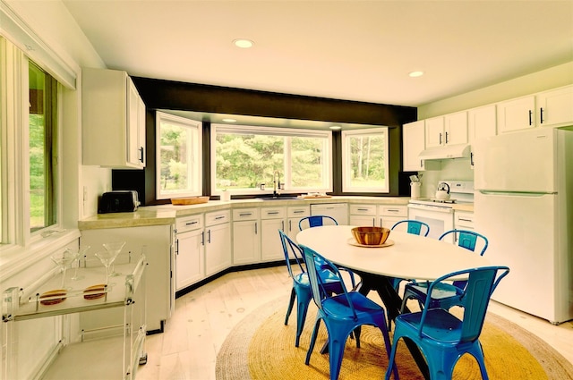 5 Arrowhead Ln, Narrowsburg, NY 12764 - kitchen featuring white appliances, a sink, under cabinet range hood, white cabinets, and recessed lighting