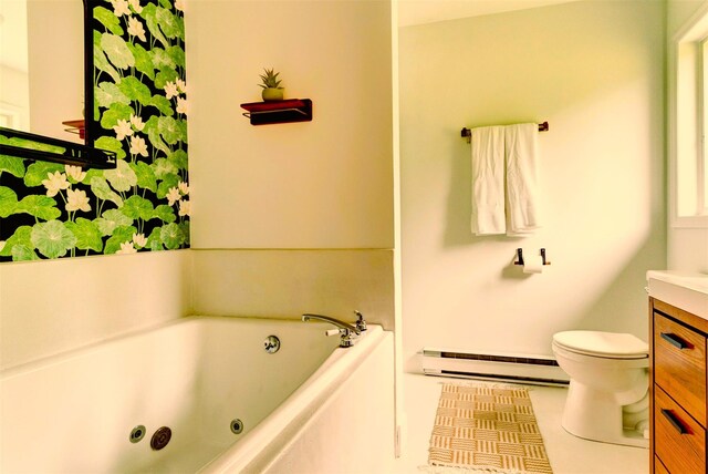5 Arrowhead Ln, Narrowsburg, NY 12764 - bathroom featuring a baseboard radiator, a jetted tub, vanity, toilet, and tile patterned floors
