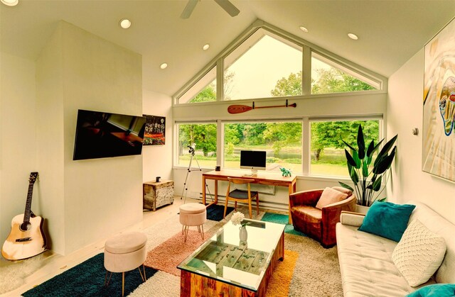 5 Arrowhead Ln, Narrowsburg, NY 12764 - living area featuring a desk, lofted ceiling, recessed lighting, and ceiling fan