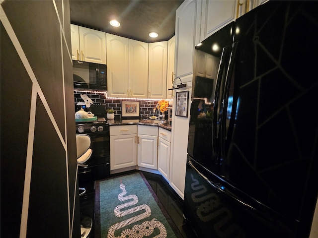 112-25 34th Ave Unit 2D, Corona, NY 11368 - kitchen with black appliances, white cabinets, decorative backsplash, dark countertops, and recessed lighting