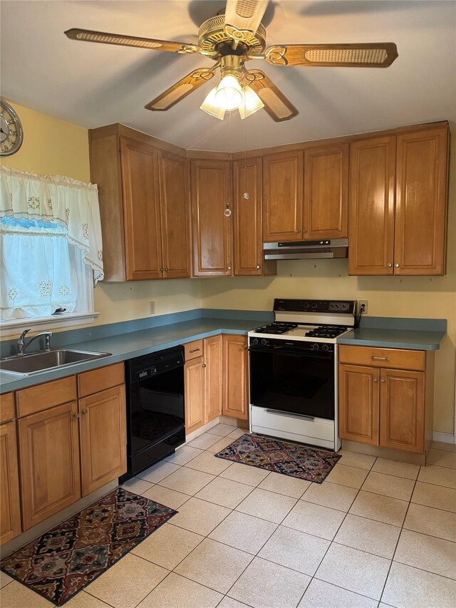 92 Lincoln Blvd, Hauppauge, NY 11788 - kitchen with range with gas cooktop, dishwasher, under cabinet range hood, brown cabinetry, and a ceiling fan