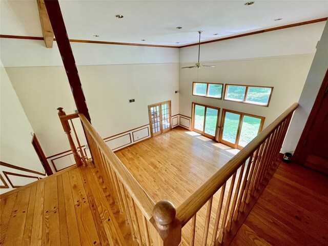 71 Saddleback Ridge Rd, Wallkill, NY 12589 - stairway with wood finished floors, ceiling fan, a towering ceiling, a baseboard radiator, and recessed lighting