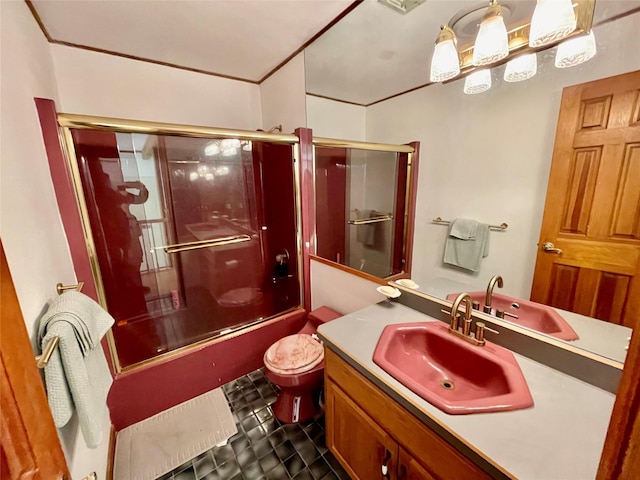71 Saddleback Ridge Rd, Wallkill, NY 12589 - bathroom with toilet, vanity, enclosed tub / shower combo, and tile patterned floors
