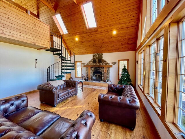 71 Saddleback Ridge Rd, Wallkill, NY 12589 - living room featuring high vaulted ceiling, wooden ceiling, stairs, hardwood / wood-style flooring, and baseboards
