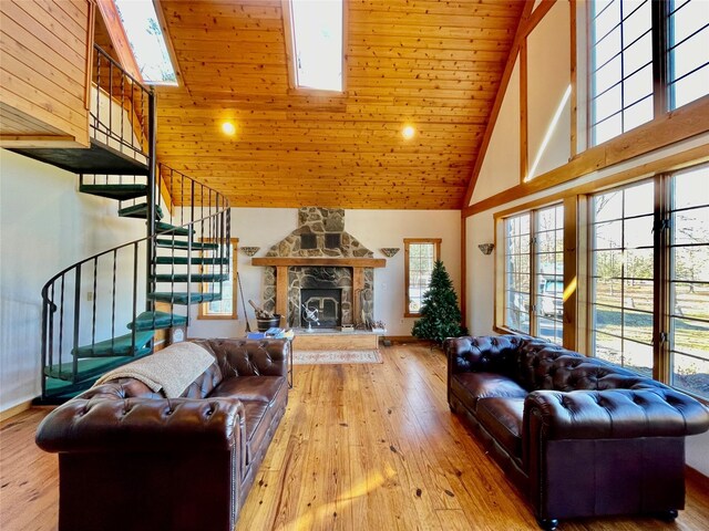 71 Saddleback Ridge Rd, Wallkill, NY 12589 - living room featuring high vaulted ceiling, stairs, wood ceiling, baseboards, and wood-type flooring