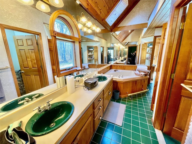 71 Saddleback Ridge Rd, Wallkill, NY 12589 - bathroom featuring lofted ceiling, tile patterned floors, a bath, wallpapered walls, and vanity