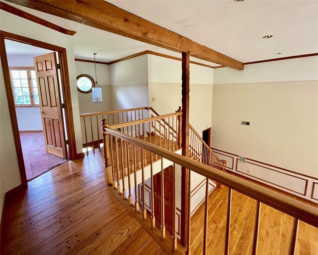71 Saddleback Ridge Rd, Wallkill, NY 12589 - corridor with an upstairs landing, wood-type flooring, beam ceiling, and ornamental molding