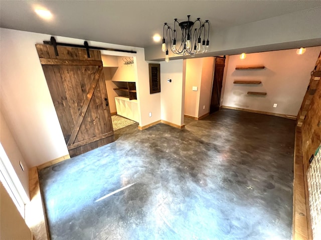 35 Junard Blvd, Port Jefferson Station, NY 11776 - unfurnished dining area featuring a barn door, finished concrete flooring, baseboards, and a chandelier