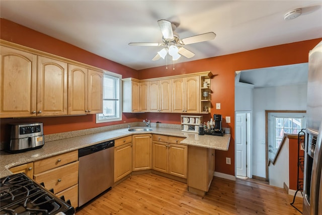 45 4th St, Valley Stream, NY 11581 - kitchen with stainless steel dishwasher, light brown cabinets, ceiling fan, light wood-style flooring, and open shelves