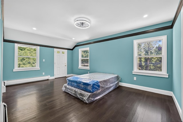 104 S Quaker Ln, Hyde Park, NY 12538 - bedroom featuring a baseboard heating unit, lofted ceiling, wood finished floors, and recessed lighting