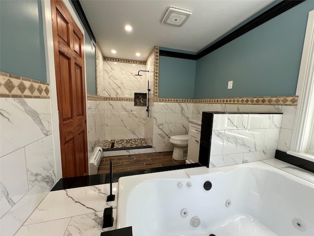 104 S Quaker Ln, Hyde Park, NY 12538 - bathroom with tile walls, a tile shower, a tub with jets, crown molding, and recessed lighting