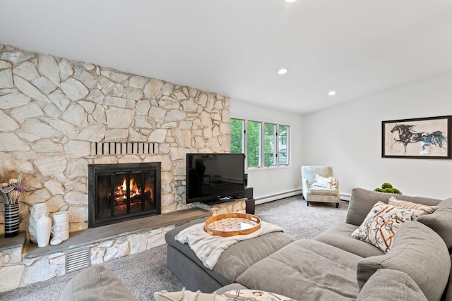 183 Iceland Dr, South Huntington, NY 11746 - living room featuring a baseboard radiator, carpet floors, a fireplace, vaulted ceiling, and recessed lighting