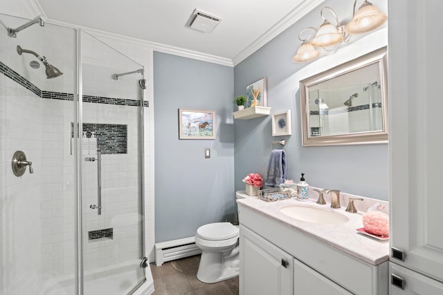 183 Iceland Dr, South Huntington, NY 11746 - full bath featuring baseboard heating, a shower stall, vanity, toilet, and ornamental molding